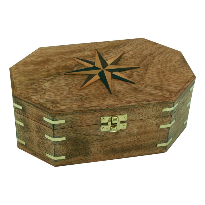 Utensilien Box mit Windrose Inlay – maritime Aufbewahrungsbox aus Mango Holz