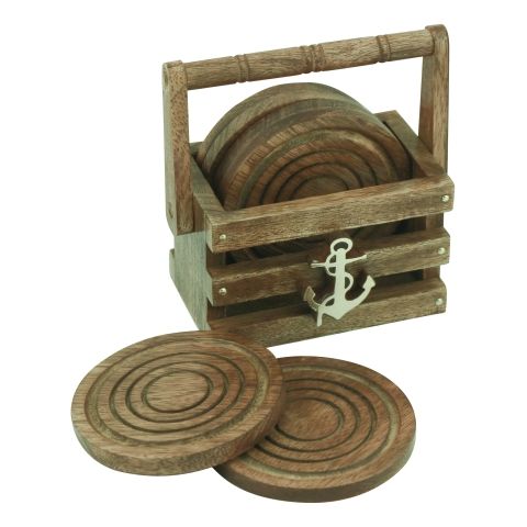 Untersetzer im Korb – maritime Glasuntersetzer aus Mango Holz mit Messing Anker
