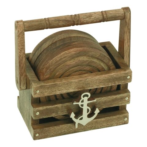 Untersetzer im Korb – maritime Glasuntersetzer aus Mango Holz mit Messing Anker