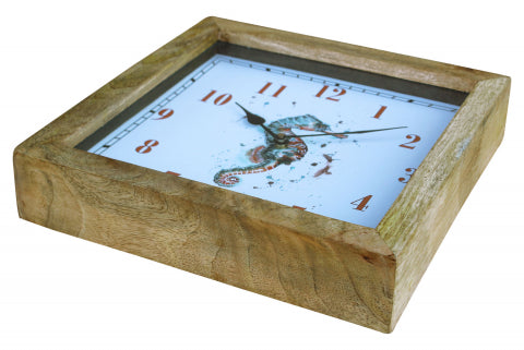 Wanduhr Seepferdchen – maritime Uhr aus Mangoholz mit kunstvollem Motiv