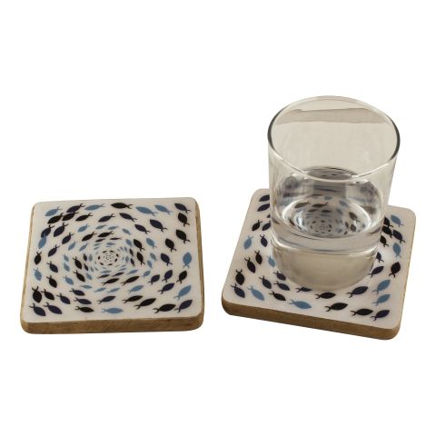 Untersetzer Fisch Strudel 2er Set – maritime Glasuntersetzer aus Mango Holz mit Emaille