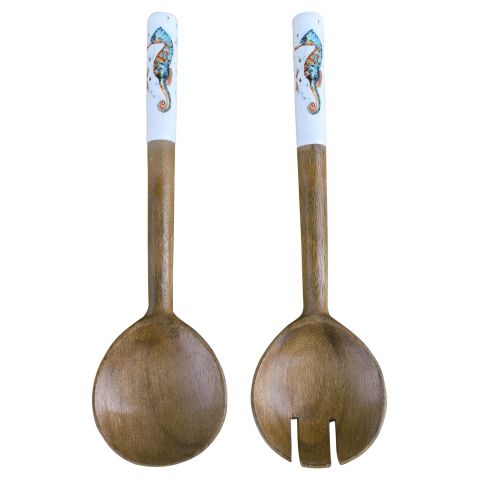 Salatbesteck Seepferdchen 30 cm – dekoratives Servierbesteck aus Mango Holz mit Emaille