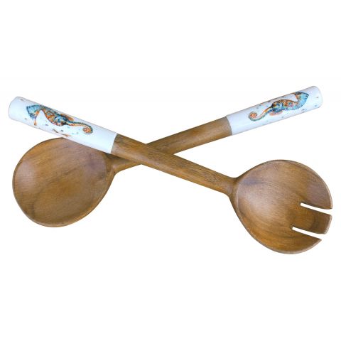 Salatbesteck Seepferdchen 30 cm – dekoratives Servierbesteck aus Mango Holz mit Emaille
