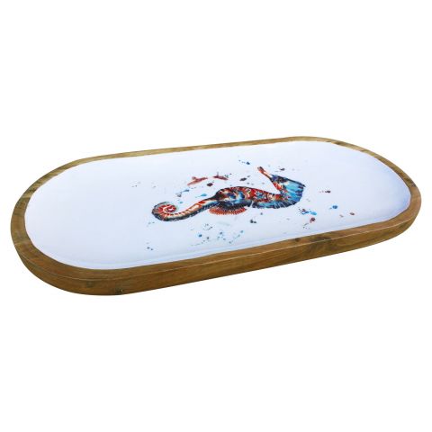Platte Seepferdchen oval 40 cm – dekorative Servierplatte aus Mango Holz mit Emaille