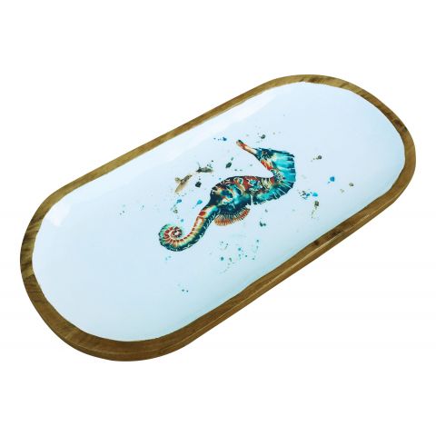 Platte Seepferdchen oval 40 cm – dekorative Servierplatte aus Mango Holz mit Emaille