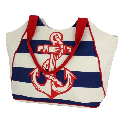 Shopping Tasche Anker Streifen – maritime Tragetasche aus Baumwolle in Beige, Blau und Rot