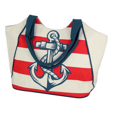 Shopping Tasche Anker Streifen – maritime Tragetasche aus Baumwolle in Beige, Rot und Blau