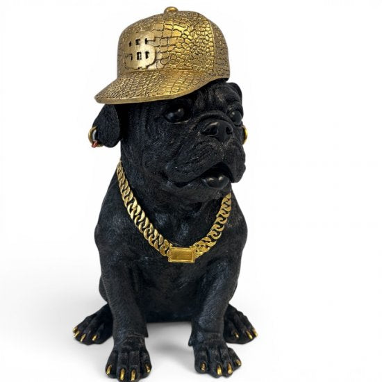 Dekofigur Bulldogge mit Cap – stilvolle Tierfigur aus Kunstharz in Schwarz Gold