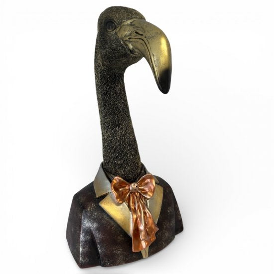 Dekofigur Flamingo Gentleman – elegante Tierfigur aus Kunstharz in Schwarz, Gold und KupferDD