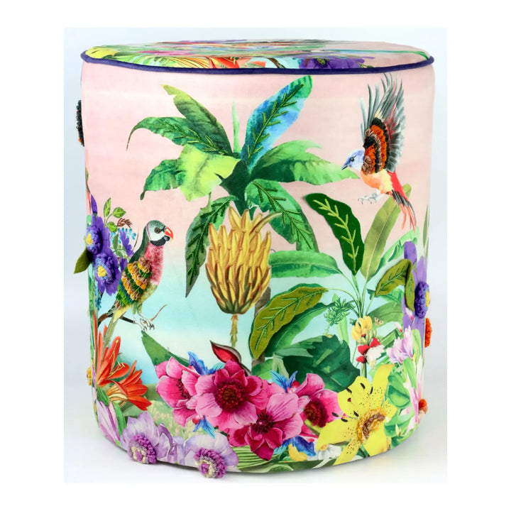 Pouf Paradise Ø 40 x 45 cm Samtpouf mit exotischem Paradiesmotiv