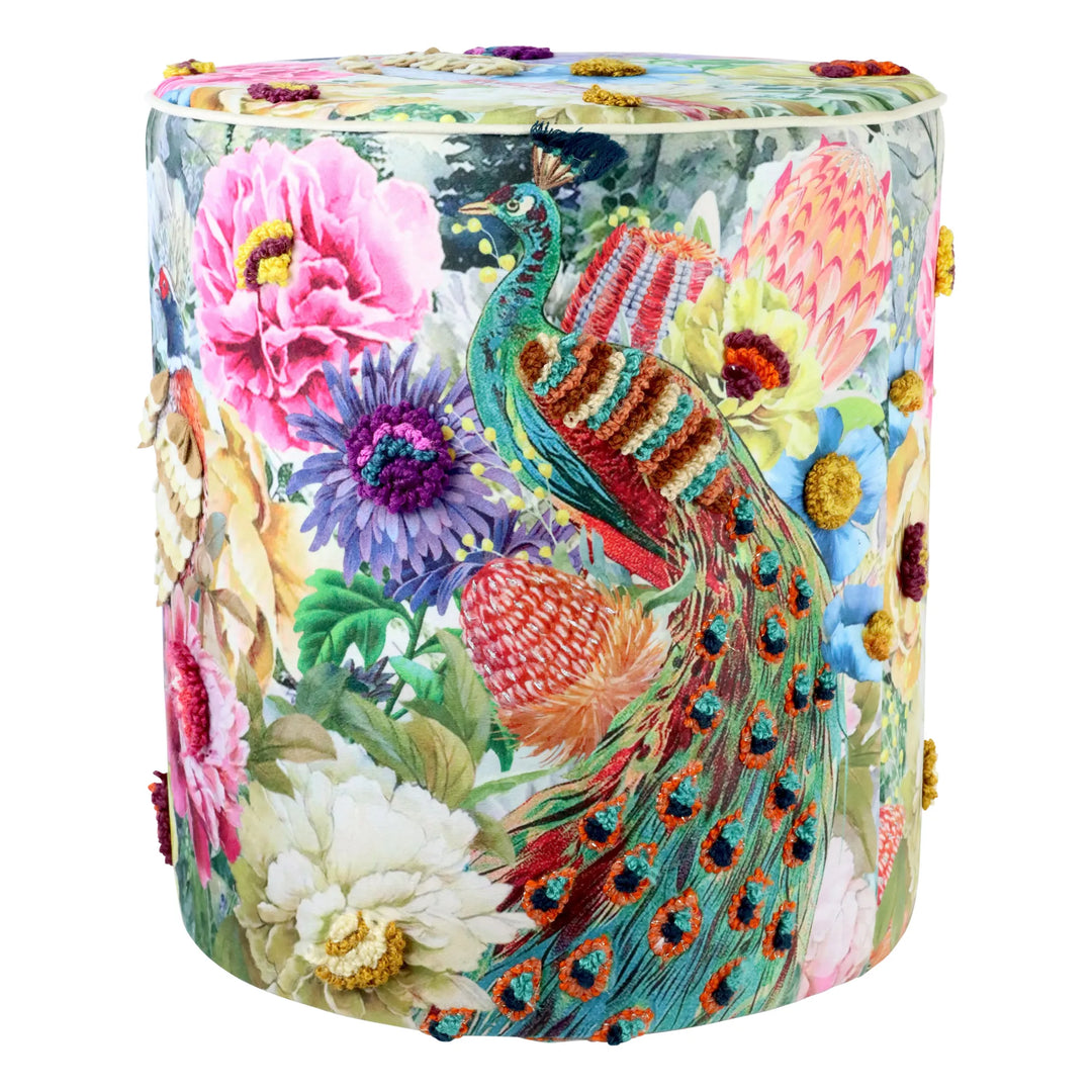 Pouf Peacock Ø 40 x 45 cm Samtpouf mit Pfauenmotiv