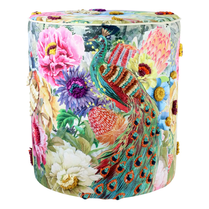 Pouf Peacock Ø 40 x 45 cm Samtpouf mit Pfauenmotiv