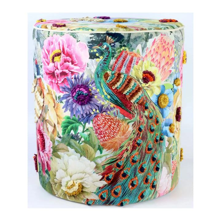 Pouf Peacock Ø 40 x 45 cm Samtpouf mit Pfauenmotiv