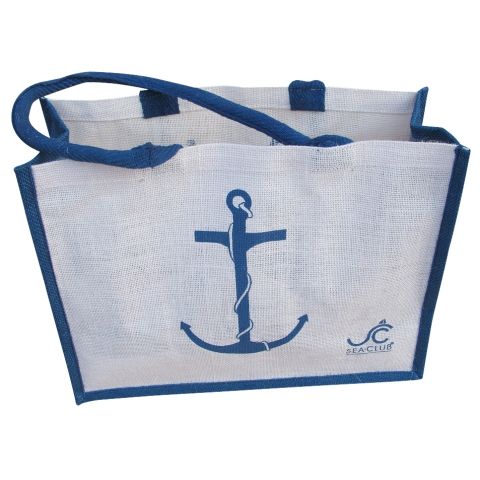 Strandtasche Anker und Steuerrad – maritime Shopping Bag aus Jute in Blau und Natur