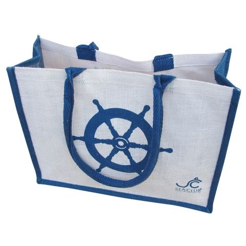 Strandtasche Anker und Steuerrad – maritime Shopping Bag aus Jute in Blau und Natur
