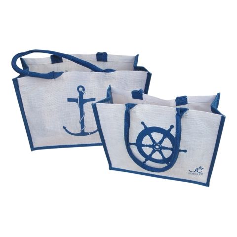 Strandtasche Anker und Steuerrad – maritime Shopping Bag aus Jute in Blau und Natur