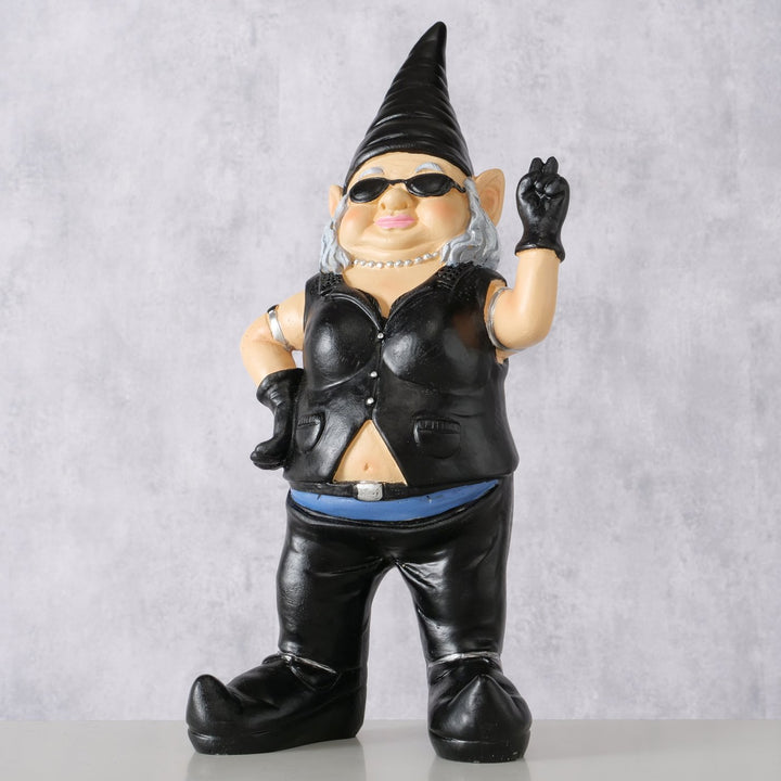Rockige Gartenzwerg Dame mit Lederweste und Sonnenbrille