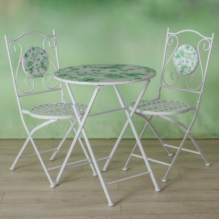 Gartenmöbelset Kate dreiteilig aus Metall in Weiß mit floralem Design
