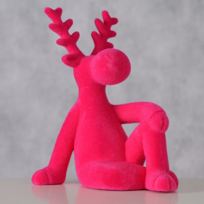 Figur Timor sitzend – moderner Deko Hirsch in Pink mit beflockter Oberfläche