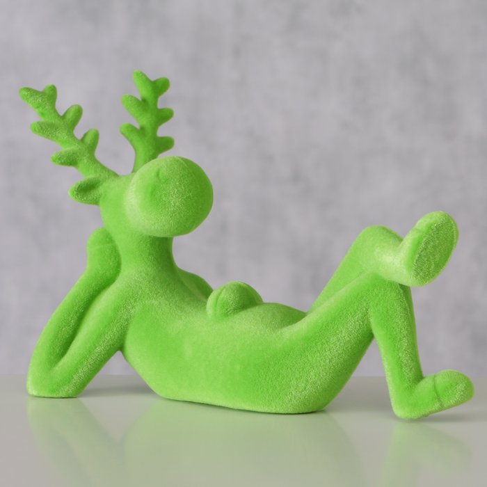 Figur Timor – moderner Deko Hirsch in Grün mit beflockter Oberfläche