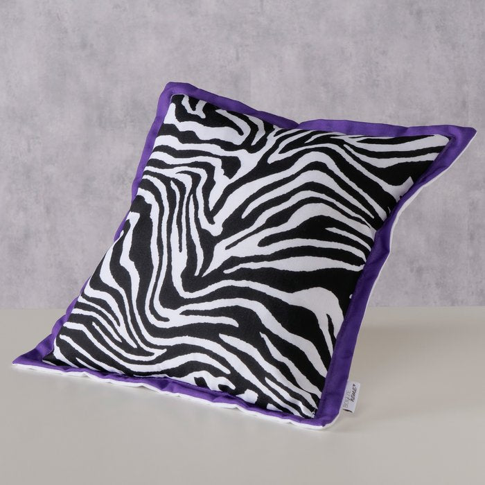 Sofakissen Zebra 45 x 45 cm mit lila Rand, dekoratives Kissen mit Reißverschluss
