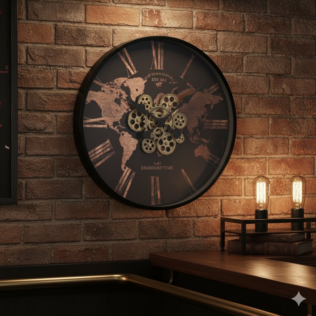 Wanduhr Weltkarte Gear Time – große Design Wanduhr mit beweglichen Zahnrädern