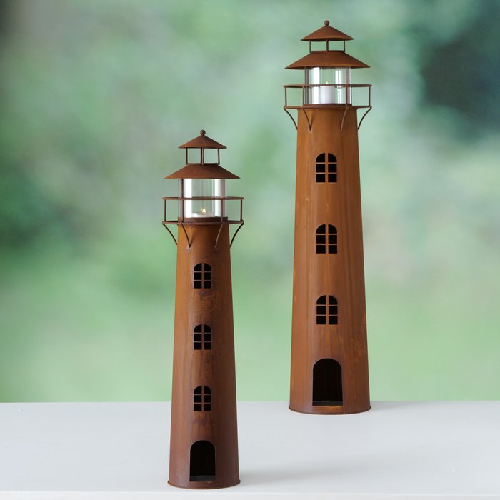 Leuchtturm Norddeutschland im 2er Set aus Metall und Glas im Edelrost Look