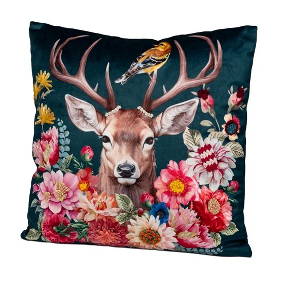 Samt Kissen 45 x 45 cm mit Hirsch Motiv und aufgestickten Blumen