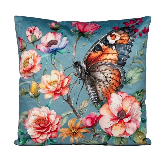 Samt Kissen 45 x 45 cm mit Schmetterling Motiv und bestickten Elementen