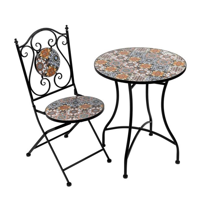 Gartenmöbelset Porto 3 teilig – Tisch rund mit Mosaikplatte und zwei Stühlen im Vintage Stil