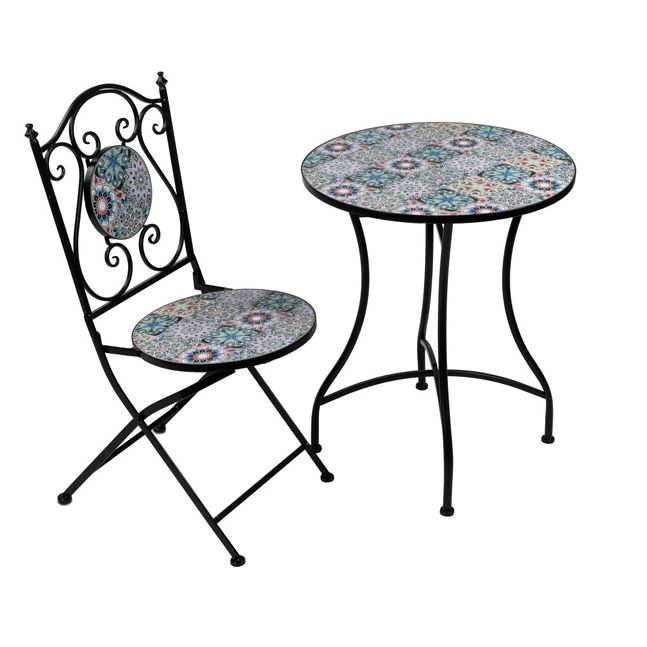 Gartenmöbelset San Remo 3 teilig – dekoratives Bistro Set mit bunten Kacheln