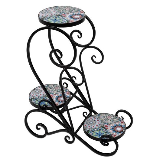 Blumen Hocker San Remo 3 teilig – dekoratives Pflanzenständer Set mit bunten Kacheln