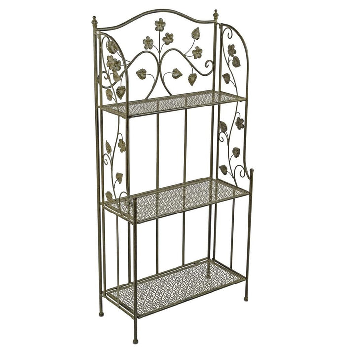 Regal Evergreen – dekoratives Metallregal in Antikgrün mit Blumen Applikationen
