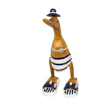 Deko Ente Badefreunde – 25 cm – handgefertigte Holzfigur im maritimen Strandlook