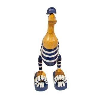 Deko Ente Badefreunde – 25 cm – maritime Holzfigur in Blau Weiß mit Strandflair