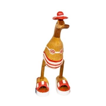 Deko Ente Badefreunde – 25 cm – maritime Holzfigur in Rot Weiß mit sommerlichem Küstencharme