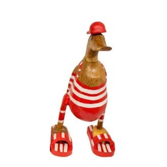 Deko Ente Badefreunde – 25 cm – maritime Holzfigur in Rot Weiß mit sommerlichem Strandlook