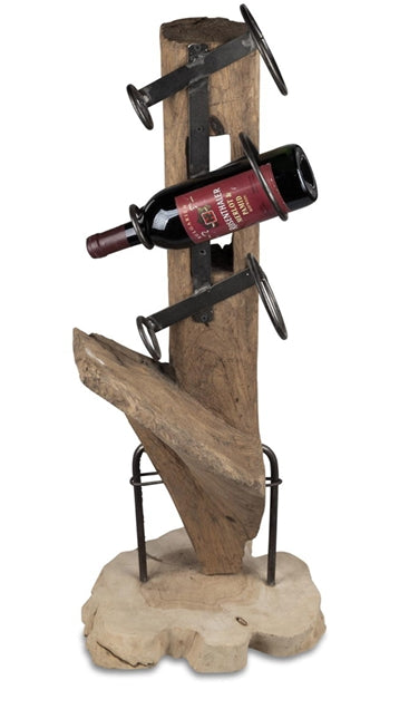 Weinregal für 3 Flaschen aus massivem Teakholz – rustikaler Flaschenständer mit Metallhaltern