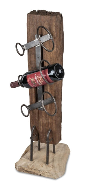 Weinregal für 3 Flaschen aus massivem Teakholz mit Metall Flaschenhaltern