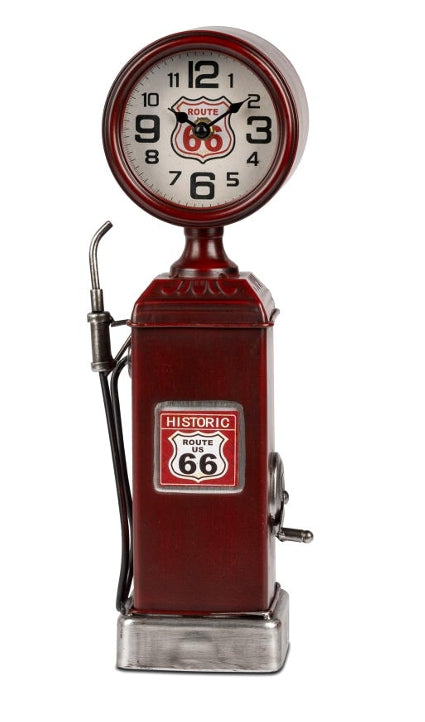 Standuhr Zapfsäule Route 66 aus Metall – dekorative Tischuhr im Retro Design