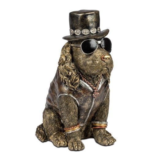 Dekofigur Hund mit Zylinder und Sonnenbrille 32 cm – stilvolle Tierfigur aus Kunststein