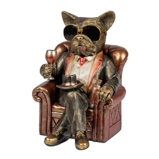Dekofigur Bulldogge im Sessel 27 cm – stilvolle Tierfigur in Antik Gold