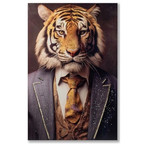 Wandbild Tiger im Anzug – elegante Leinwandkunst mit Acryl-Steinen 60 × 90 cm