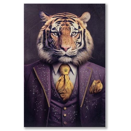 Wandbild Tiger im Anzug – stilvolle Leinwandkunst mit Acryl-Steinen 60 × 90 cm