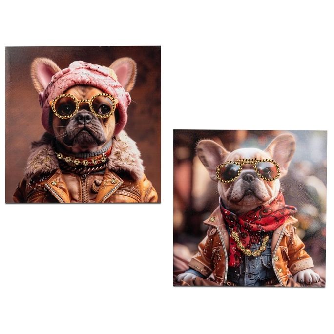 Wandbild Hund mit Brille – 2er Set Leinwandbilder mit glänzender Acryl Stein Veredelung
