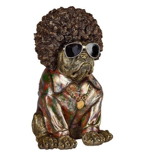 Deko Bulldogge mit Afro Frisur und Sonnenbrille – Kunststein Figur in Antik Gold, 30 cm