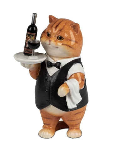 Deko Katze als Kellner aus Kunststein – handbemalte Katzenfigur mit Weinflasche und Serviertablett, 14 cm