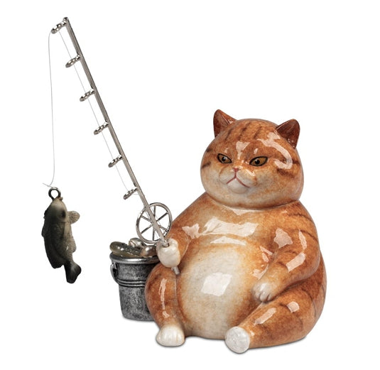Deko Katze mit Angel aus Kunststein – handbemalte Katzenfigur mit Fisch und Angelrute, 15 cm