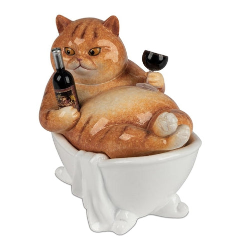Deko Katze mit Weinflasche in Badewanne aus Kunststein – handbemalte Katzenfigur, 11 cm