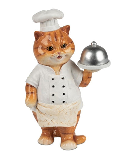 Deko Katze als Koch aus Kunststein – handbemalte Katzenfigur mit Serviertablett, 16 cm